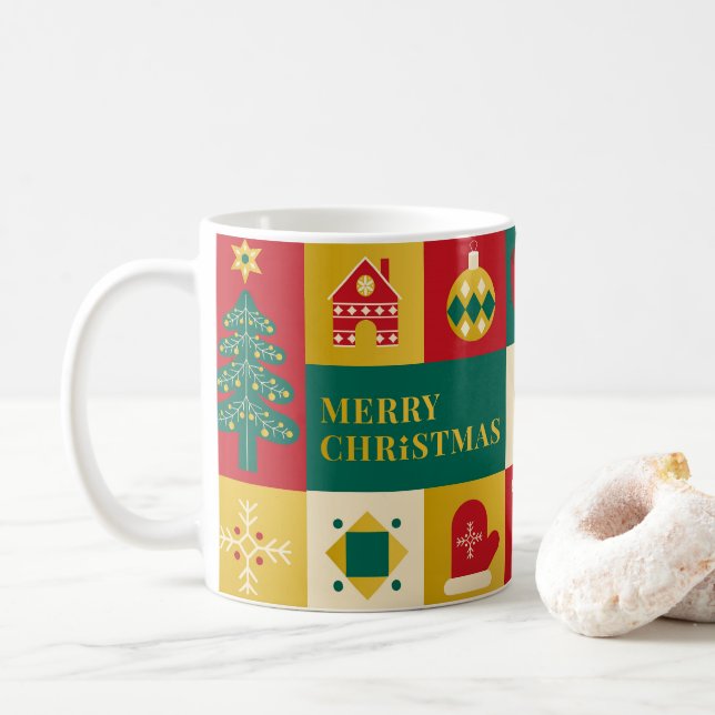 Caneca De Café Christmas block pattern bauhaus style (Com Donut)