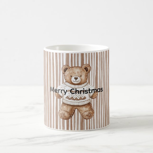 Caneca De Café Christmas Brown Cream Teddy Bear Stripes (Centro)