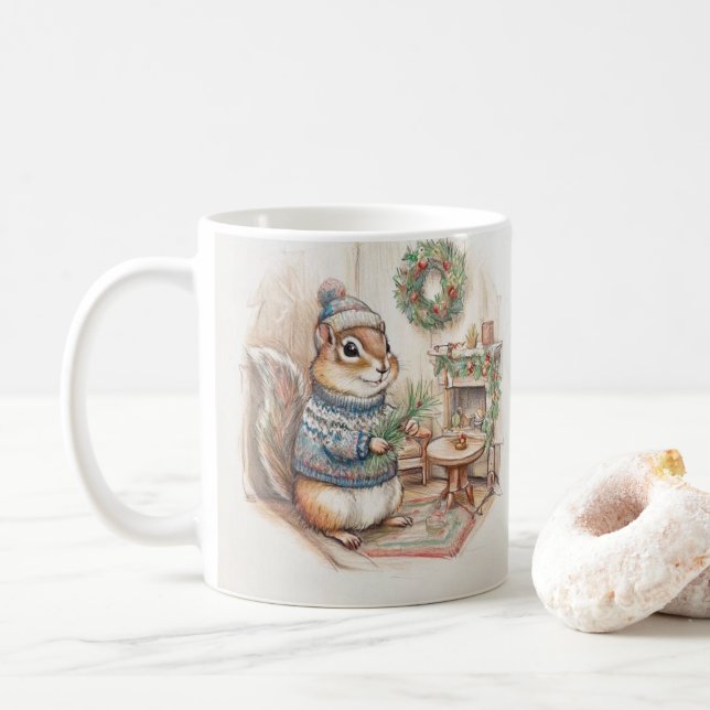 Caneca De Café Christmas Chipmunk in Sweater  (Com Donut)