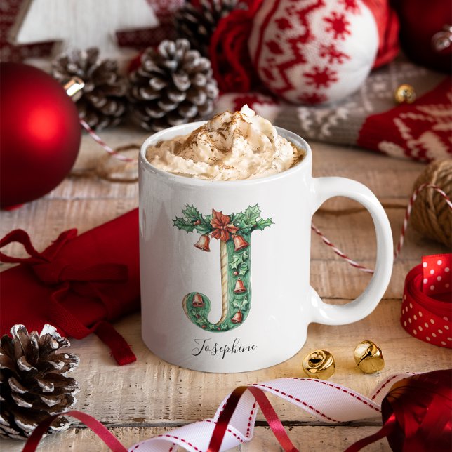 Caneca De Café Christmas Holly & Bells Letter J Personalized Name (Christmas Holly & Bells Letter J Personalized Name Coffee Mug)