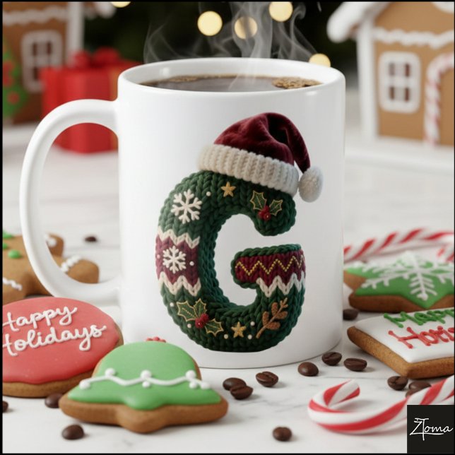 Caneca De Café Christmas Knit Sweater Letter G Santa Hat (Criador carregado)
