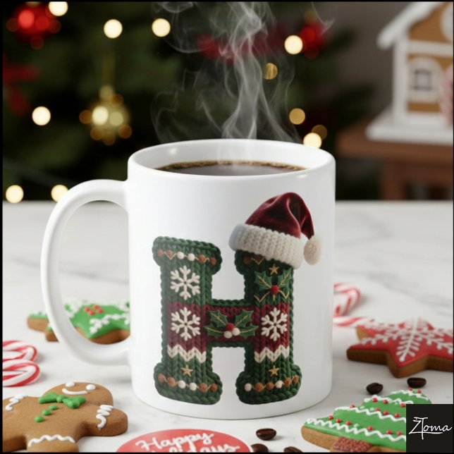 Caneca De Café Christmas Knit Sweater Letter H Santa Hat (Criador carregado)