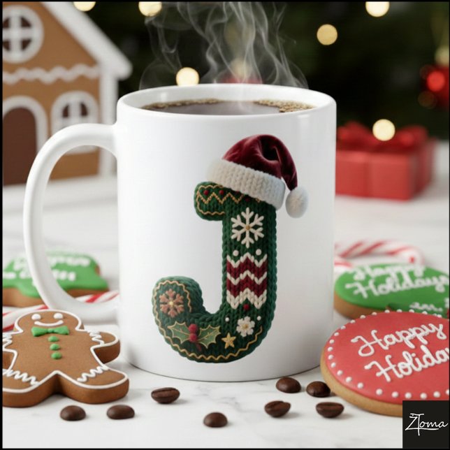 Caneca De Café Christmas Knit Sweater Letter J Santa Hat (Criador carregado)