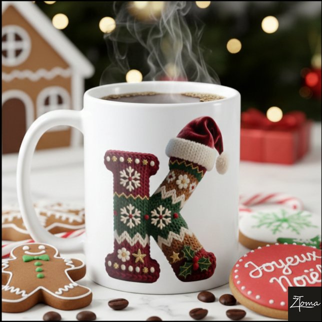 Caneca De Café Christmas Knit Sweater Letter K Santa Hat (Criador carregado)