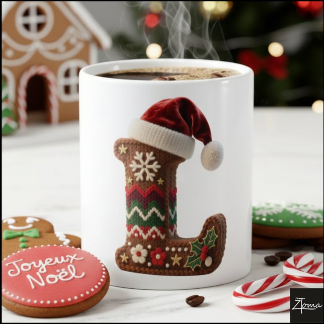 Caneca De Café Christmas Knit Sweater Letter L Santa Hat (Criador carregado)