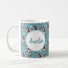 Caneca De Café Christmas Nordic Gnomes Blue Pattern With Name 