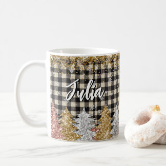 Caneca De Café Christmas Plaid And Glitter With Name