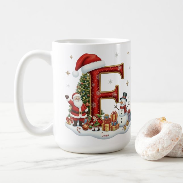 Caneca De Café Christmas Santa Claus Elf Penguin Alphabet E (Com Donut)