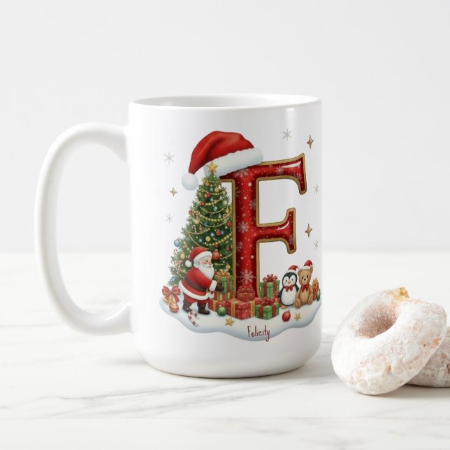 Caneca De Café Christmas Santa Claus Elf Penguin Alphabet F (Com Donut)