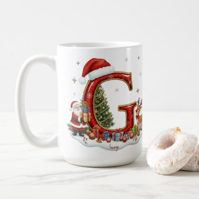 Caneca De Café Christmas Santa Claus Elf Penguin Alphabet G (Com Donut)