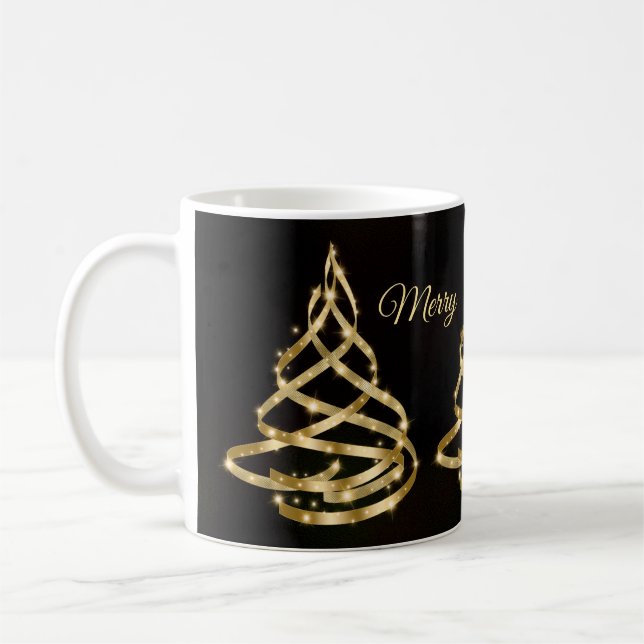 Caneca De Café Christmas Shiny Golden Ribbon Tree Sparkle Black (Esquerda)