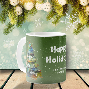 Caneca De Café Christmas Tree Watercolor Merry Jolly Happy Family