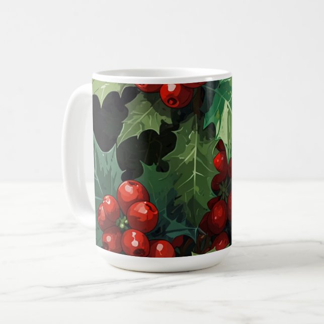 Caneca De Café Christmas watercolor Holly berry leaves botanical  (Frente Esquerda)