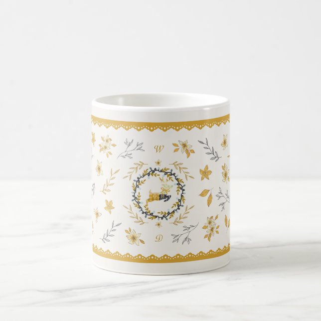 Caneca De Café Christmastime Deer Yellow Cream Floral (Centro)