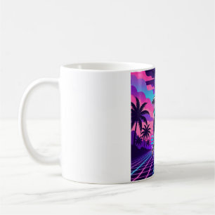 Caneca De Café Chrome Vaporwave Dolphin — Grade de Palma do Pôr d