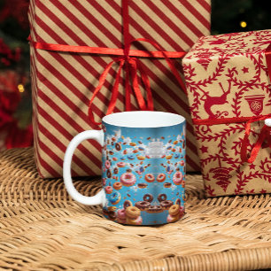 Caneca De Café Chuva com Céu Azul e Rosquinhas Coloridas
