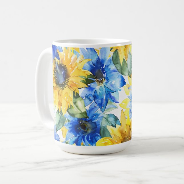 Caneca De Café Chuva de Noiva Flores Amarelas Azuis (Frente Esquerda)