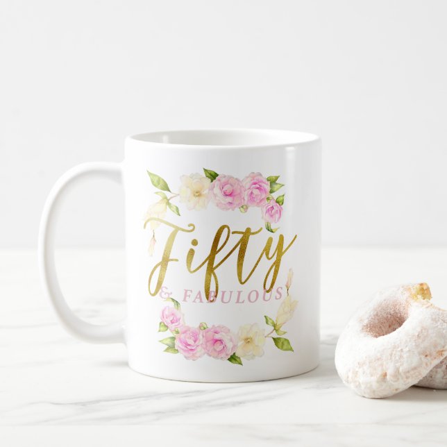 Caneca De Café Cinqüênta e rosa Dourado floral fabuloso (Com Donut)