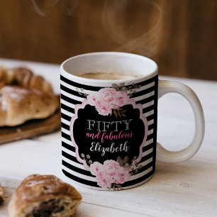 Caneca De Café Cinquenta & Fabuloso Rosa Floral Listrado Aniversá