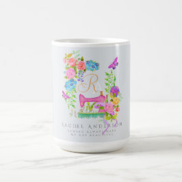 Caneca De Café Cinza de Monograma Floral de Fita de Costura