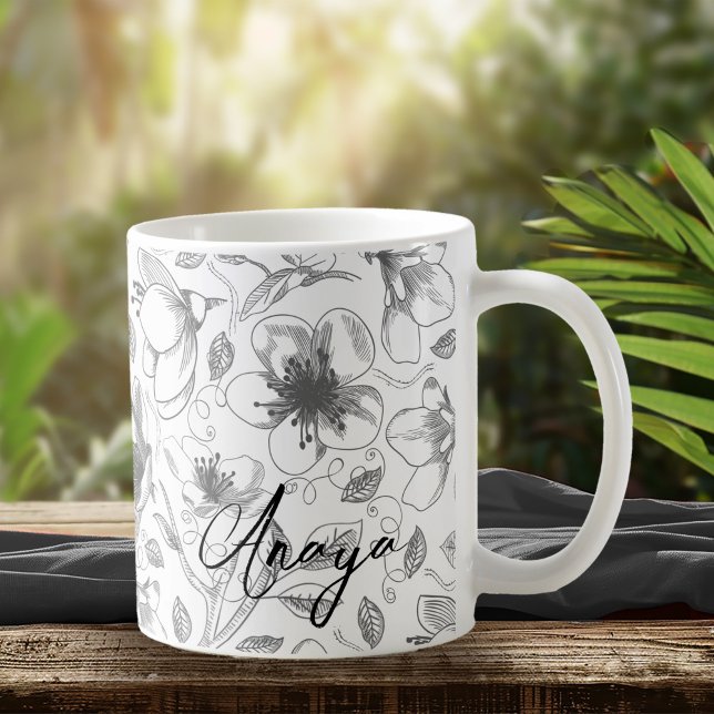 Caneca De Café Cinza de Padrão Floral de Contorno Descrito/Wht ID (Criador carregado)
