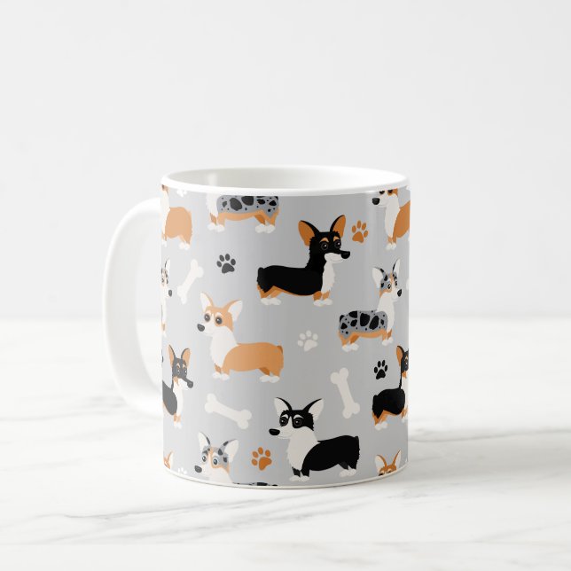 Caneca De Café Cinza de padrões Corgi (Frente Esquerda)
