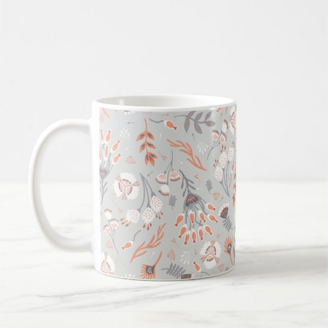 Caneca De Café Cinza De Pastel Suave Floral De Laranja, Sem Aparê (Esquerda)