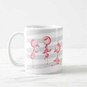 Caneca De Café Cinza e Trio Flamingo Rosa Ilustrado