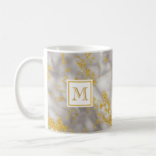 Caneca De Café Cinza Elegante Mármore Monograma Faux Glitter Dour