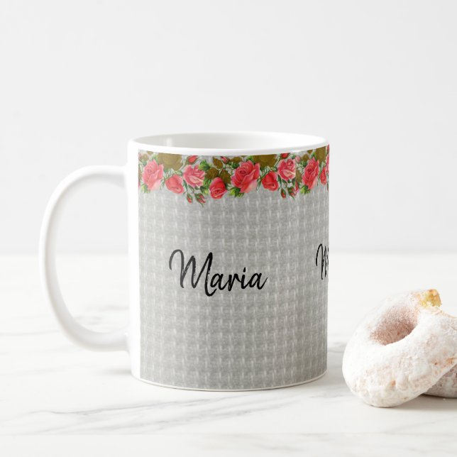 Caneca De Café Cinza Floral (Com Donut)
