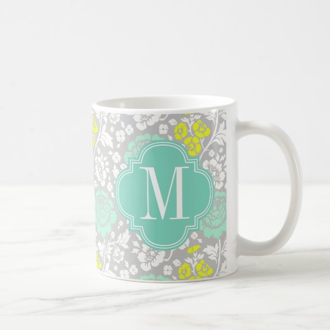 Caneca De Café Cinza floral feminino moderno do amarelo do Aqua (Direita)