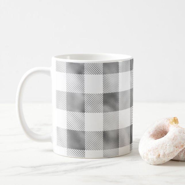 Caneca De Café Cinza Glam Xadrez de Buffalo Branco  (Com Donut)