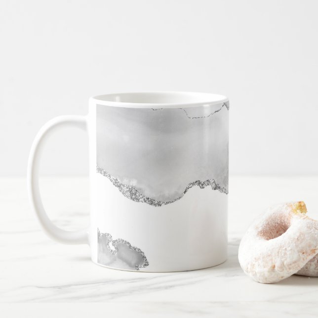 Caneca De Café Cinza Marble Branco Agate Simples Silver Gliter (Com Donut)