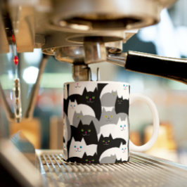 Caneca De Café Cinza Negra Engraçada e Padrão de Gato Branca