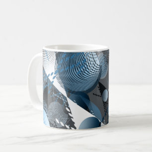 Caneca De Café Cinza, padrão abstrato branco, azul.