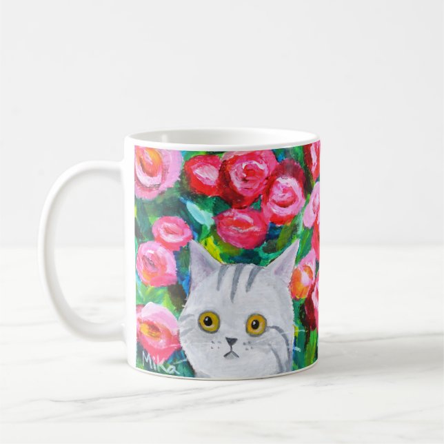 Caneca De Café Cinza por gato com flores Bonito (Esquerda)