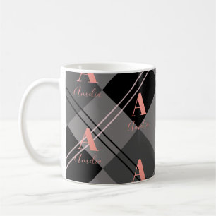 Caneca De Café Cinza preto-e-Xadrez monograma