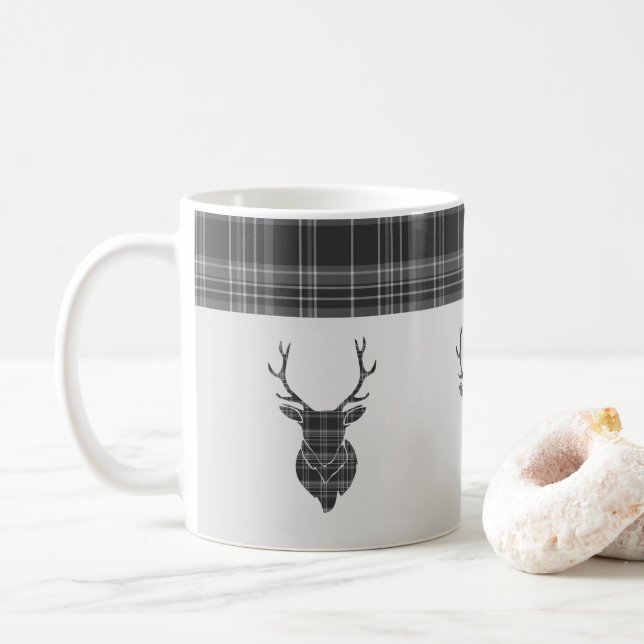 Caneca De Café Cinza Rústica Tartan Patterno E Stag Head Antler (Com Donut)
