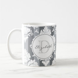Caneca De Café Cinza Stripe Damask Monogrammed Mug