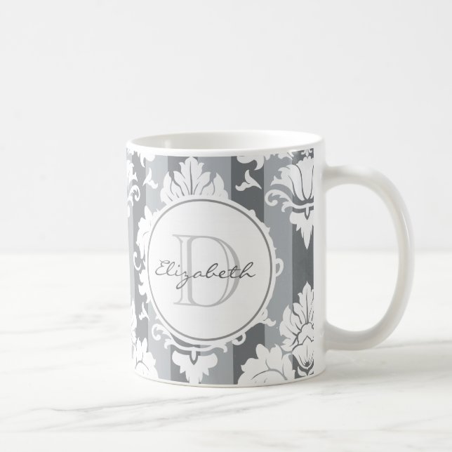Caneca De Café Cinza Stripe Damask Monogrammed Mug (Direita)