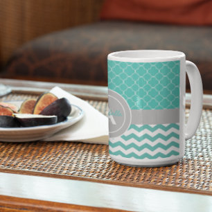 Caneca De Café Cinza Teal Chevron Quatrefoil