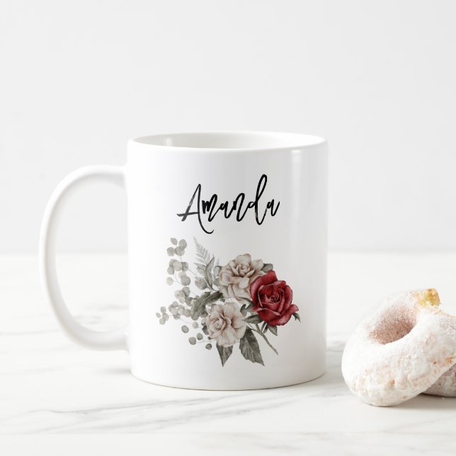 Caneca De Café Cinza Vermelha e Buquê da Flor Cream Boho (Com Donut)