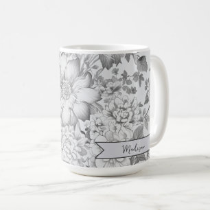 Caneca De Café Cinza Vintage Chinoiserie Floral Personalizada