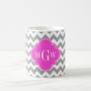 Caneca De Café Cinza Whevron Quatrefoil Rosa Quente 3 Monograma