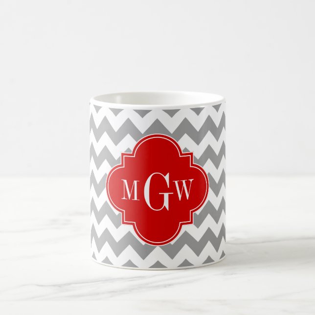 Caneca De Café Cinza Whevron Red Quatrefoil 3 Monograma (Centro)