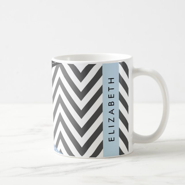 Caneca De Café Cinza Zigzag, Cinza Chevron, Azul, Seu Nome (Direita)