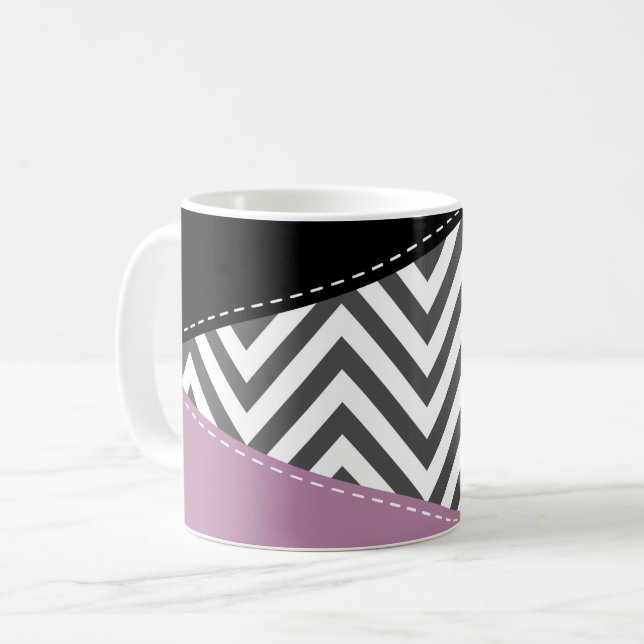 Caneca De Café Cinza Zigzag, Cinza Chevron, Zigzag Patterno, Roxo (Frente Esquerda)