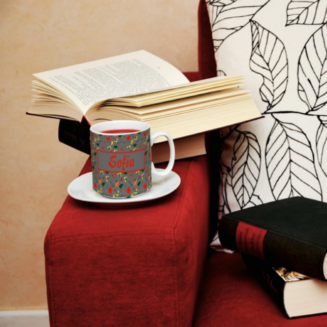 Caneca De Café Cinzas de papoila vermelha padrão de flores silves (Criador carregado)