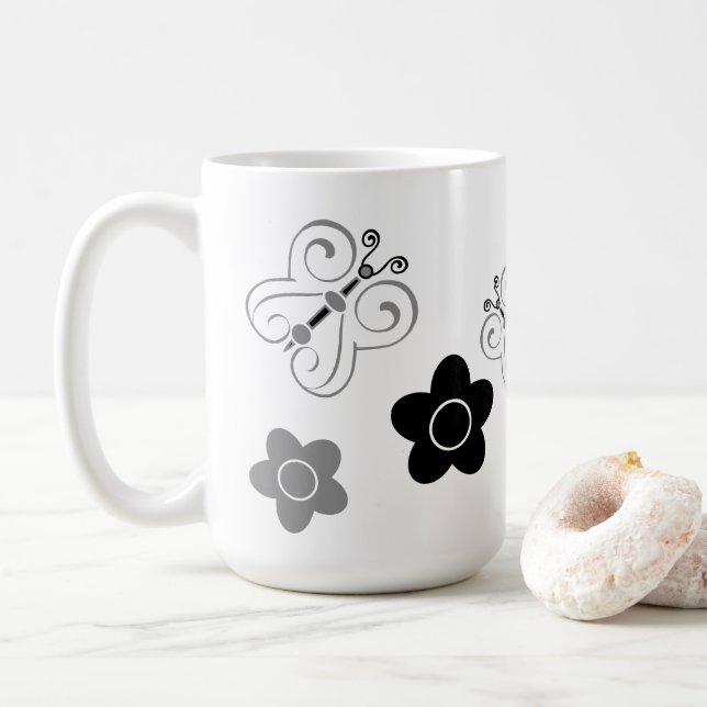 Caneca De Café Cinzas e Borboletas e Posições Pretas (Com Donut)