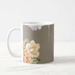 Caneca De Café cinzas e flores cremosas, com folhas, em forma de